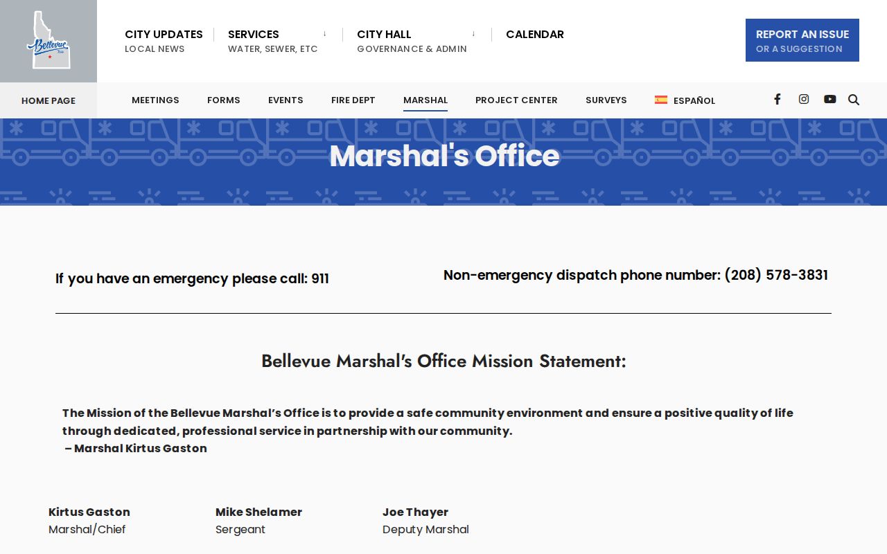 Bellevue Marshal's Office official source for Blaine County arrest records