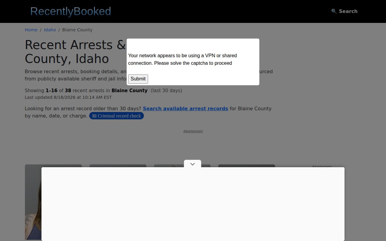 RecentlyBooked unofficial Blaine County booking archive