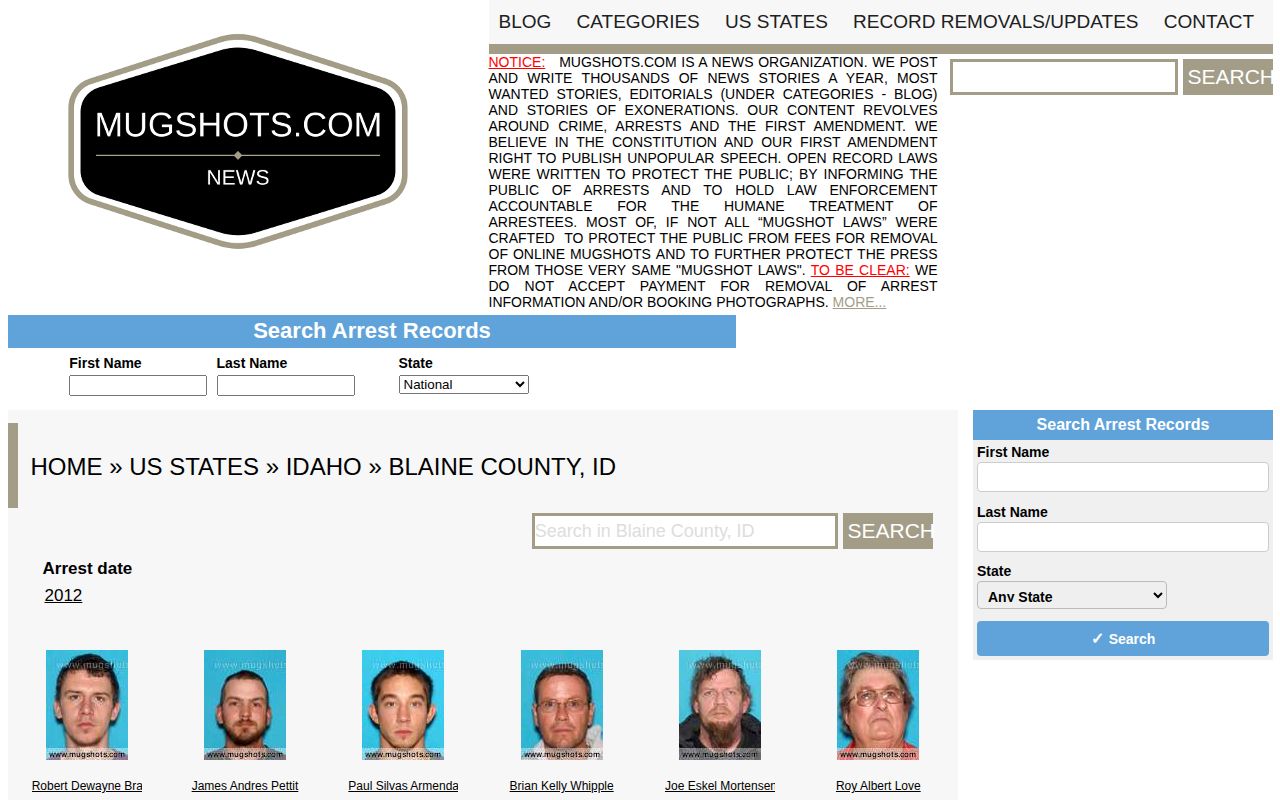Mugshots.com Idaho index showing an unofficial Blaine County link