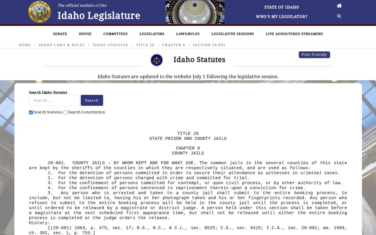 Idaho Code 20-601 booking law reference for Blaine County records