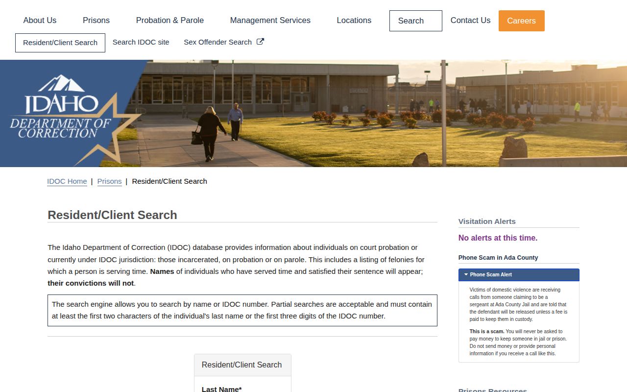Idaho Department of Correction resident and client search for Blaine County custody questions