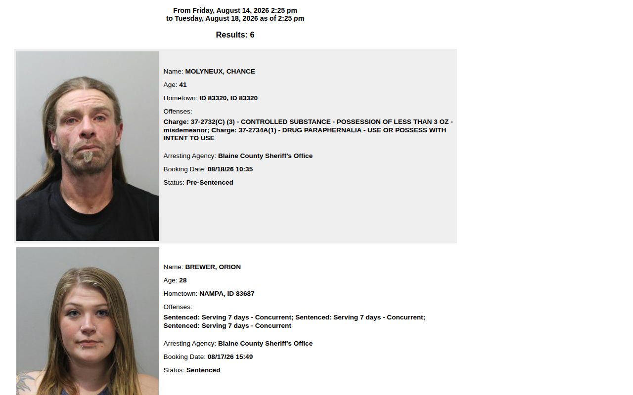 Official Blaine County recent arrests feed with booking fields
