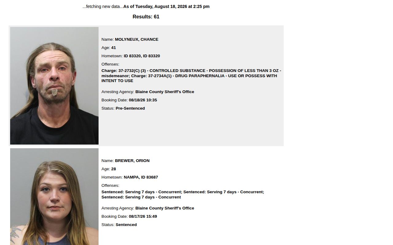 Official Blaine County current detention roster interface